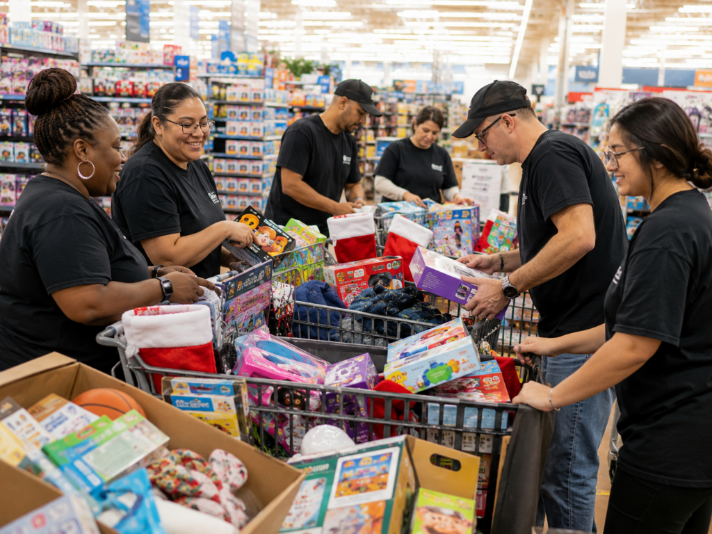 Volunteers checking and organizing shopping carts filled with toys, stockings, and essentials for the Dark Side Christmas Project