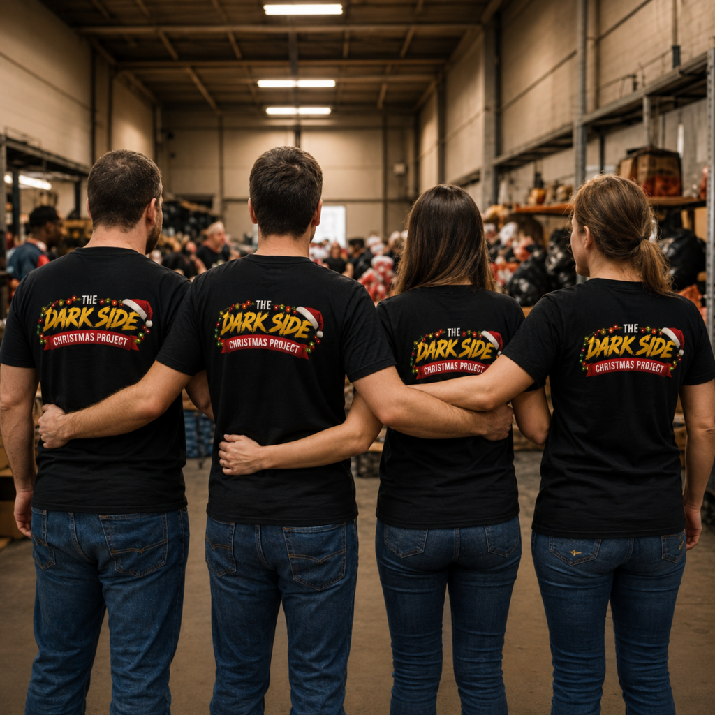Darkside Christmas Project volunteers standing together in a warehouse