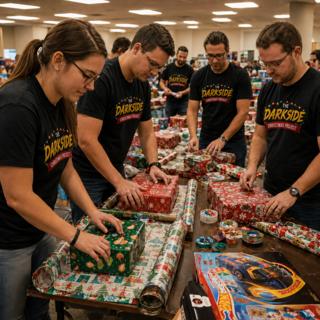 Volunteers wrapping Christmas gifts for the Darkside Christmas Project