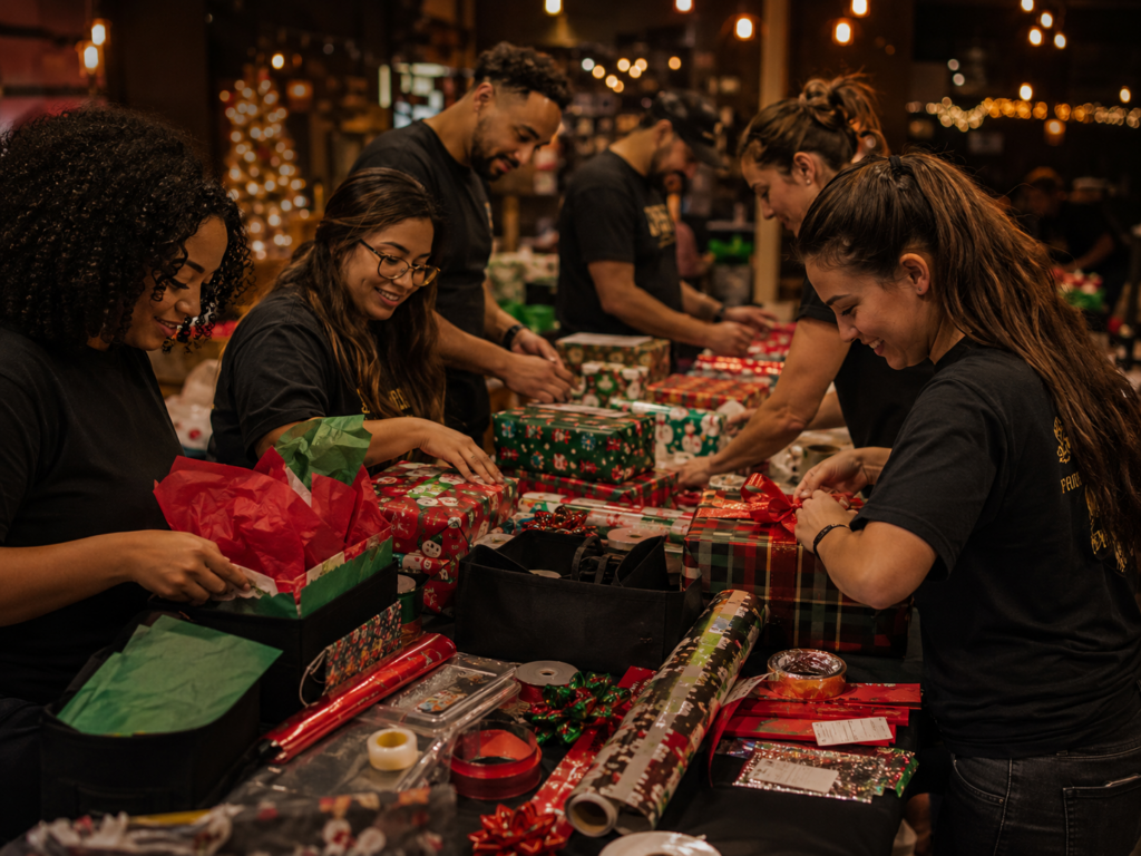 Volunteers wrapping and organizing Christmas gifts at a Weekend Wrap Party for the Dark Side Christmas Project